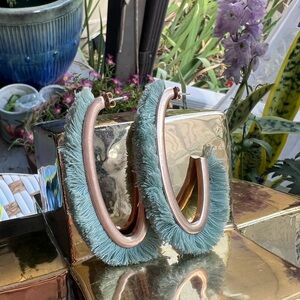 Fringe Hoop Earrings in Light Blue & Rose Gold